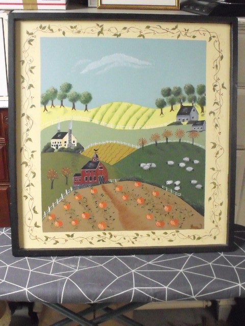 VINTAGE FOLK ART 28″ BY 30″ HAND PAINTED OIL ON WOOD FALL COUNTRY HARVEST SCENE