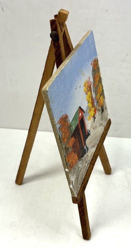 Vintage Miniature Oil Painting Covered Bridge on Wooden Easel Shelf Decor 5x4 in gallery