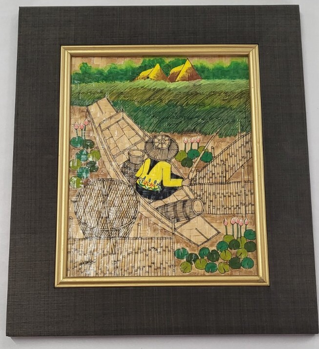 Framed Original Painting On Woven Leaf Mat By T. Ehararod 8″ x 8″
