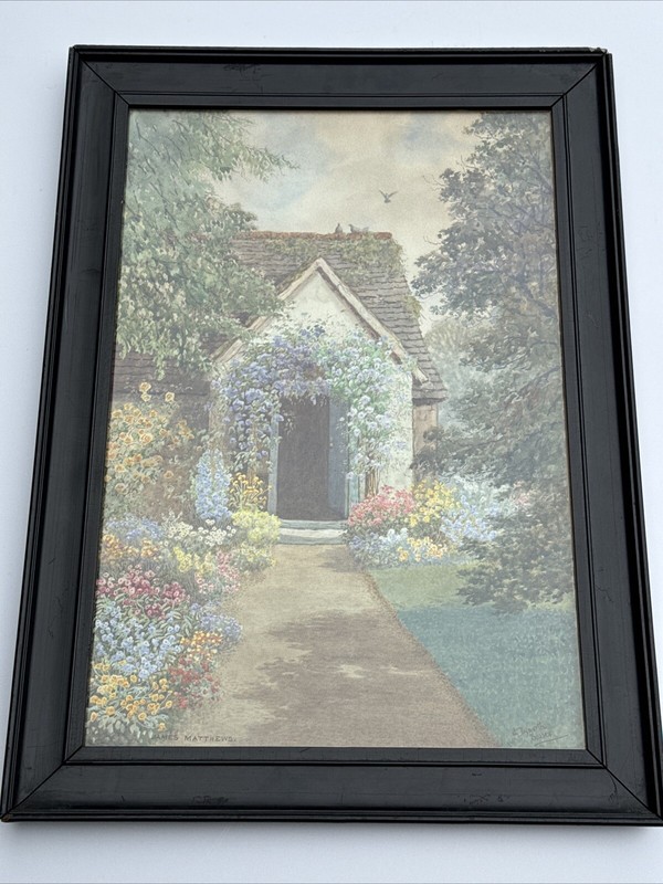 ANTIQUE PAINTING HOME GARDEN COTTAGE BLOOMING FLOWERS LANDSCAPE JAMES MATTHEWS