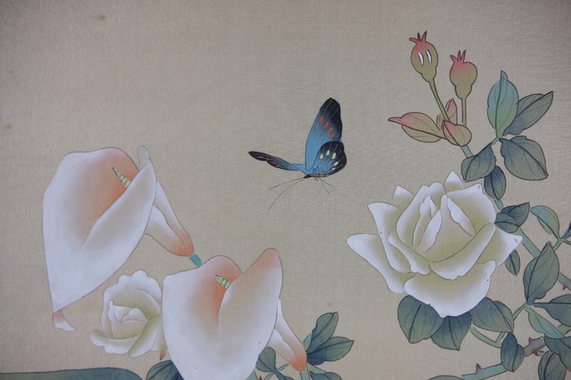 Vintage Oriental Painting, Asian Watercolor on Silk Paper, Flower and Butterfly gallery