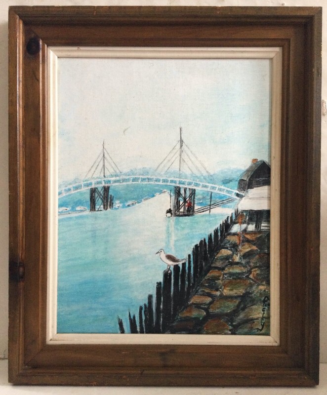 Signed -Vintage Original Canvas Bridge Waterway Seagull Framed -Maine Estate