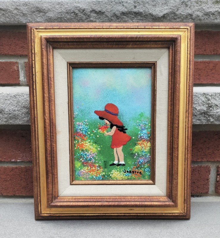Vintage Framed Enamel On Copper Painting Girl Picking Flowers Signed Jordine