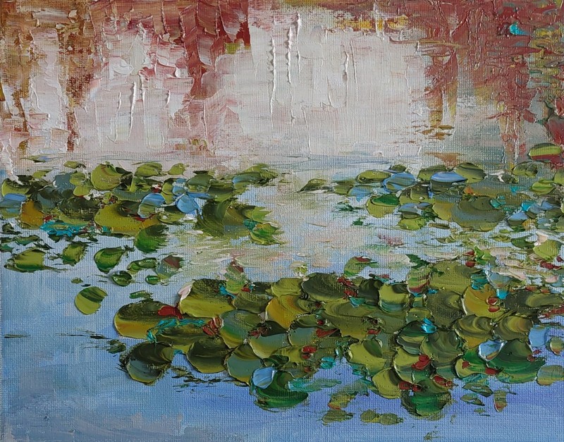Oil original painting on canvas 10×8 inches Waterlily pond