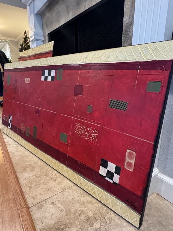 Large Contemporary Abstract Painting Red & Gold On Black