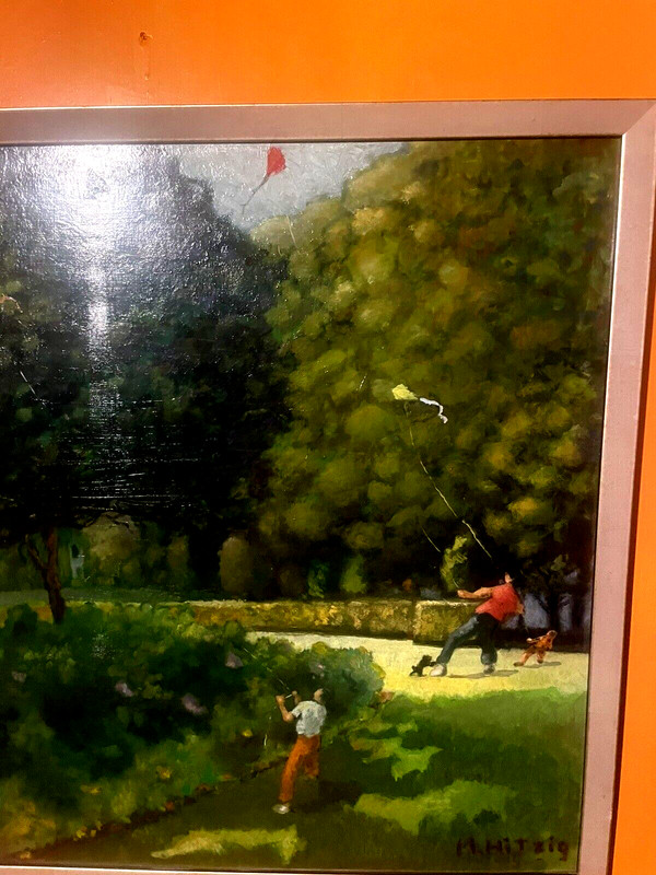 ORIGINAL ART IMPRESSIONISM PARK KITES DOG CHILDREN MCM HITZIG gallery