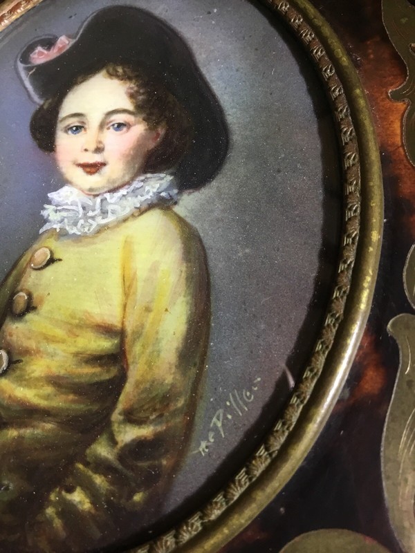 Antique 19th Century Miniature Portrait Painting Boy Signed Faux Tortoise Frame! gallery