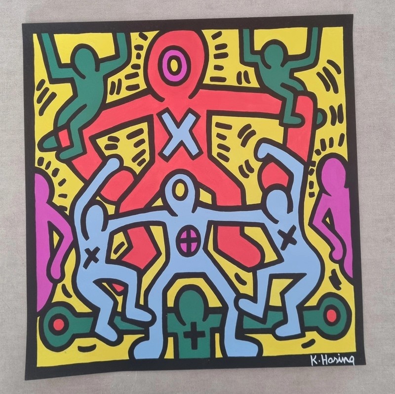 Keith Haring, Handmade Oil Painting On Canvas, Signed, Stamped 60cm x 60cm