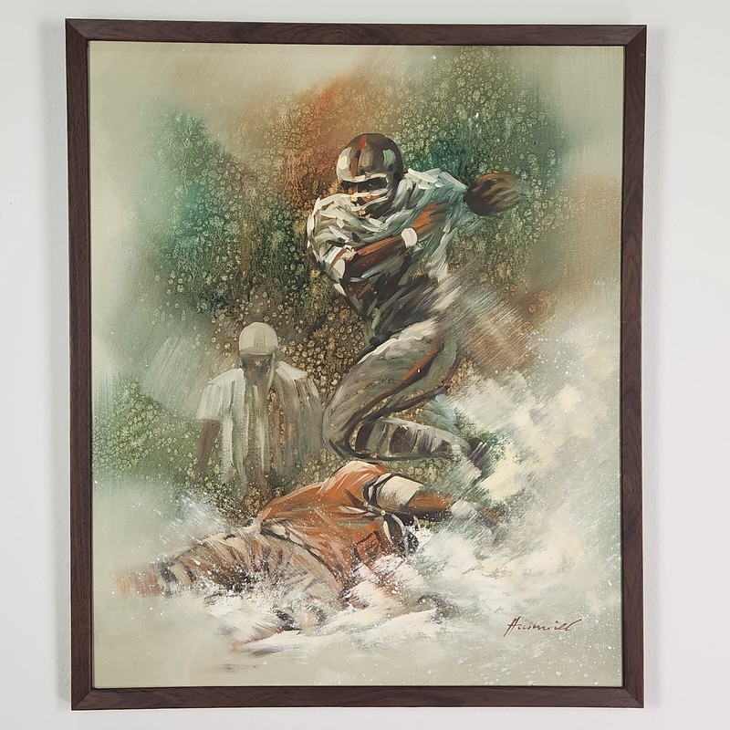 Original Football Painting by Hummiel – Acrylic on Board – Framed 25×21″ – 1980