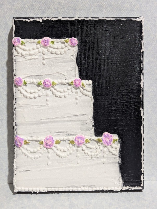 Original Acrylic on Canvas, 6″x 8″, White Cake w/ Pink Roses, Black Background