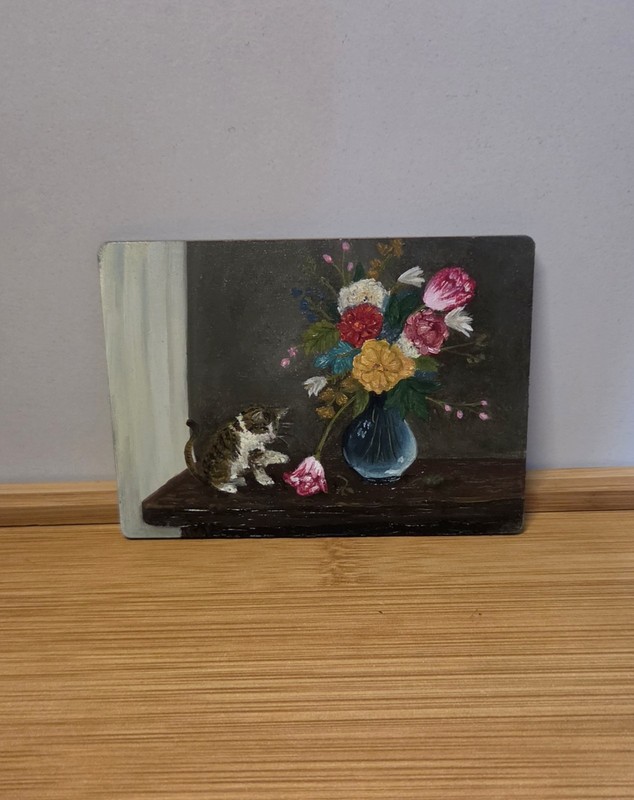 ACEO Original Signed Cat Still Life | Oil On Wood Signed | Kitten Humor Funny