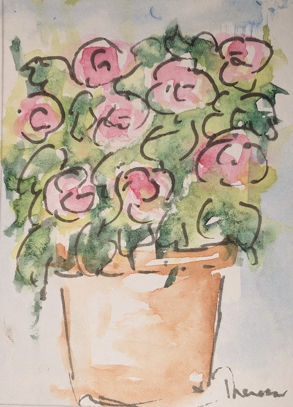 Pot With Pink Roses – Original art Unmatted ACEO watercolor miniature