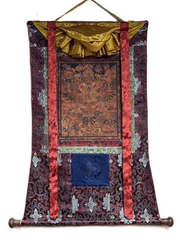 BUDDHA LIFE MANDALA OLD OIL VARNISH TIBETAN THANGKA PAINTING WITH SILK BROCADE