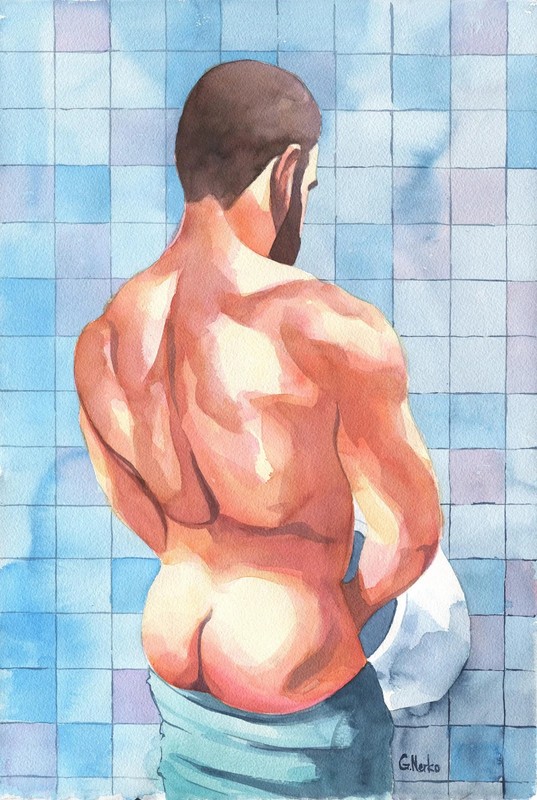 15x22" Original Hand painted Artwork Watercolor Painting Gay Man Male Nude