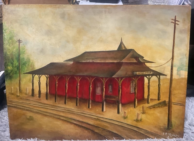 INGLEWOOD CA , OLD TRAIN STATION original painting Signed “LA” W. Johnson. gallery