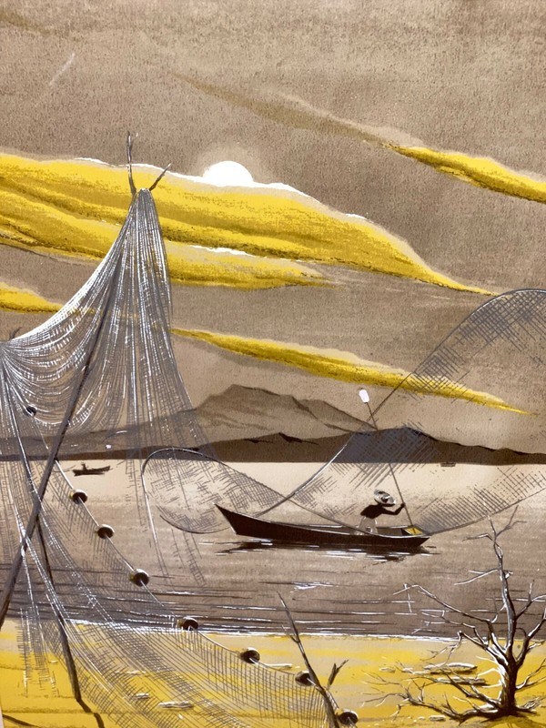 ORIGINAL JAMES BUNNELL HAND PAINTED CHINESE FISHING CAST NET PAINTING WATERCOLOR gallery
