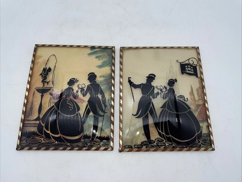Pair Antique Reverse Painted Convex Glass Silhouette Reading Pictures 4″ x 5″