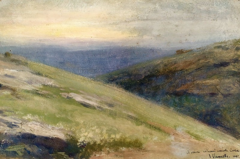 JOAQUIM VANCELLS. TWILIGHT ON THE MOUNTAIN. OIL ON CARDBOARD. SPAIN. 1899