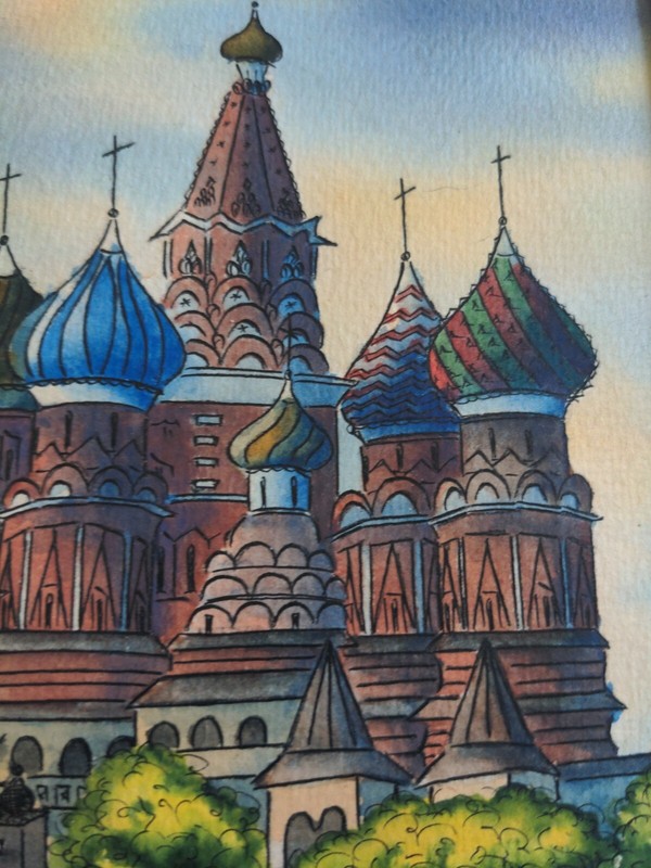 2-Original Watercolor St. Basil’s Cathedral St. Petersburg Moscow Signed 1991 gallery
