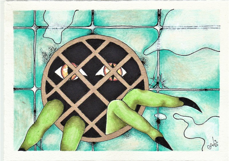 Down the Drain – Original Art by C. Autumn Trapp 5″ x 7″ Halloween