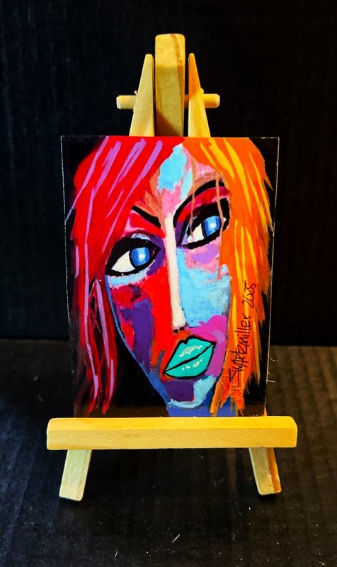 ORIGINAL colorful POP ART LADY ACEO 2.5 x 3.5 PAINTING SWARTZMILLER DNA SIGNED