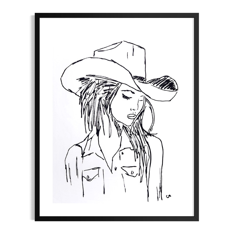 Original Abstract Portrait 9×12 Cowgirl Painting Black White Wall Art Paper