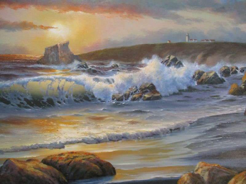 Coastal Sunset Beach Painting Landscape American Vintage Nautical Seascape Oil gallery