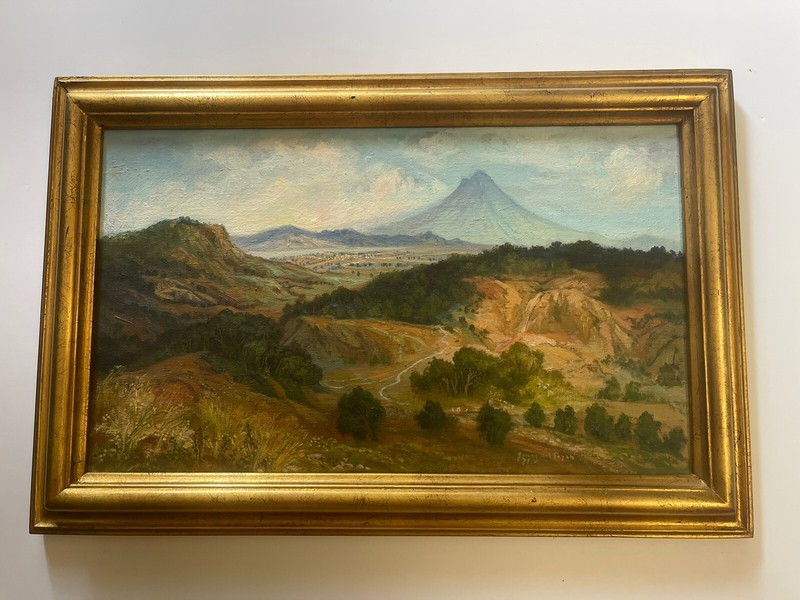 VINTAGE OIL PAINTING PLEIN AIR LANDSCAPE IMPRESSIONIST VILLAGE VOLCANO VIEW