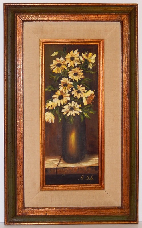 Oil Painting Still Life Yellow Flower Signed Culp Wood Frame Mid Century