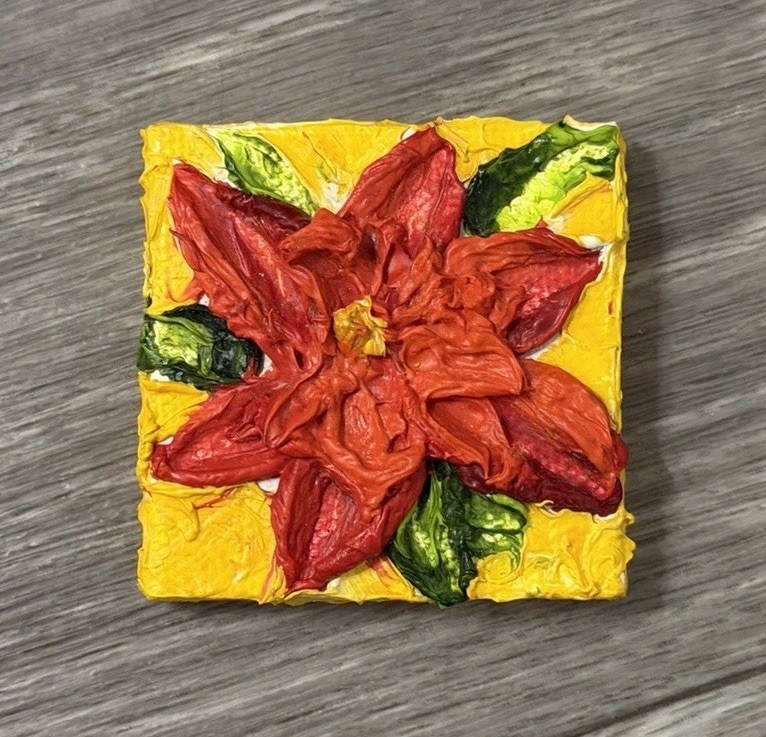 ‘Pointsettia’ Christmas Mini Oil Painting Magnet By Paris Wyatt Llanso 2×2”