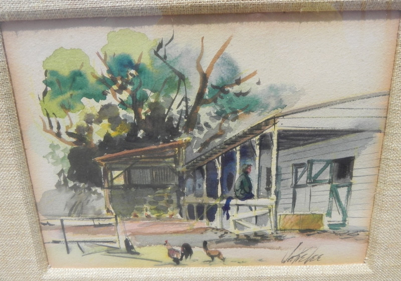 Jake Lee 1915-1992 California art watercolor painting horse stable or farm bldg.