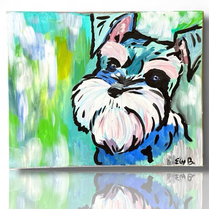 A Signed Original Painted Canvas Artist Artwork Dog Star Art Schnauzer Paw Furry