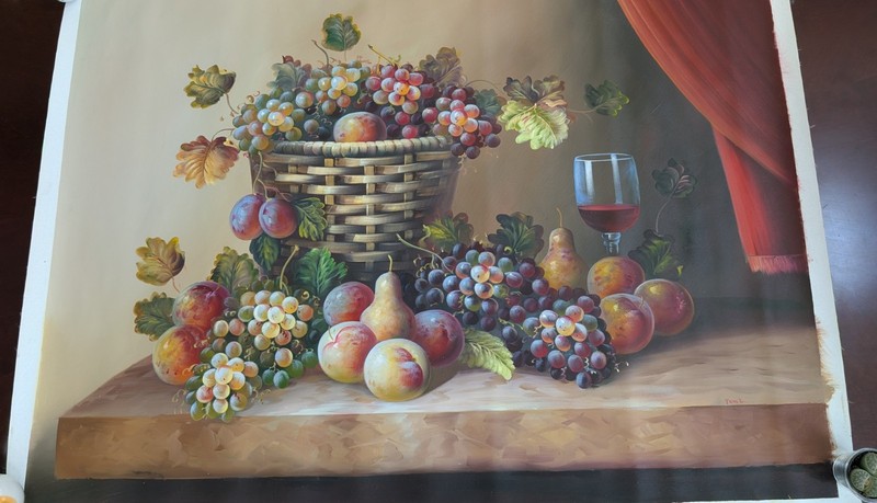 Tom L Oil Painting On Canvas Fruits & Red Wine 39×50 Inches