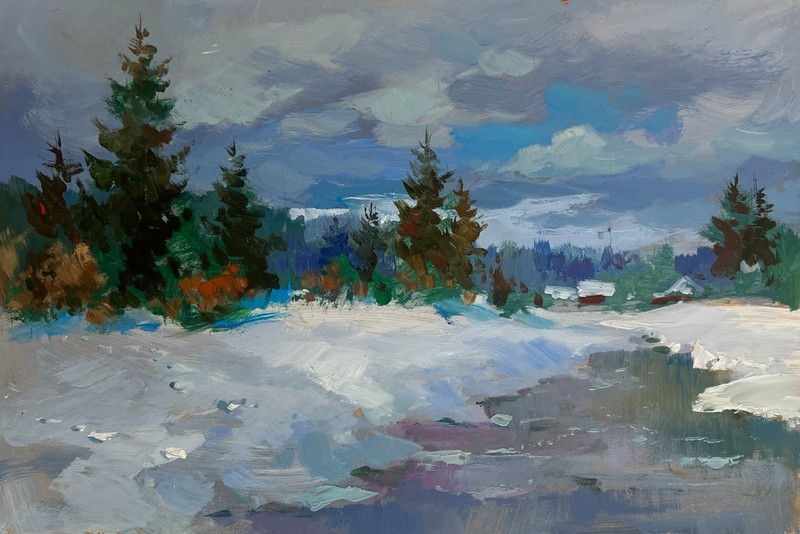 Oil Painting River Under A Blanket Of Snow Y. Suprunchuk Original nAAA4453