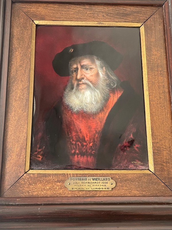 After REMBRANDT Portrait Old Man – Painted Limoges Enamel Signed Dresden Museum