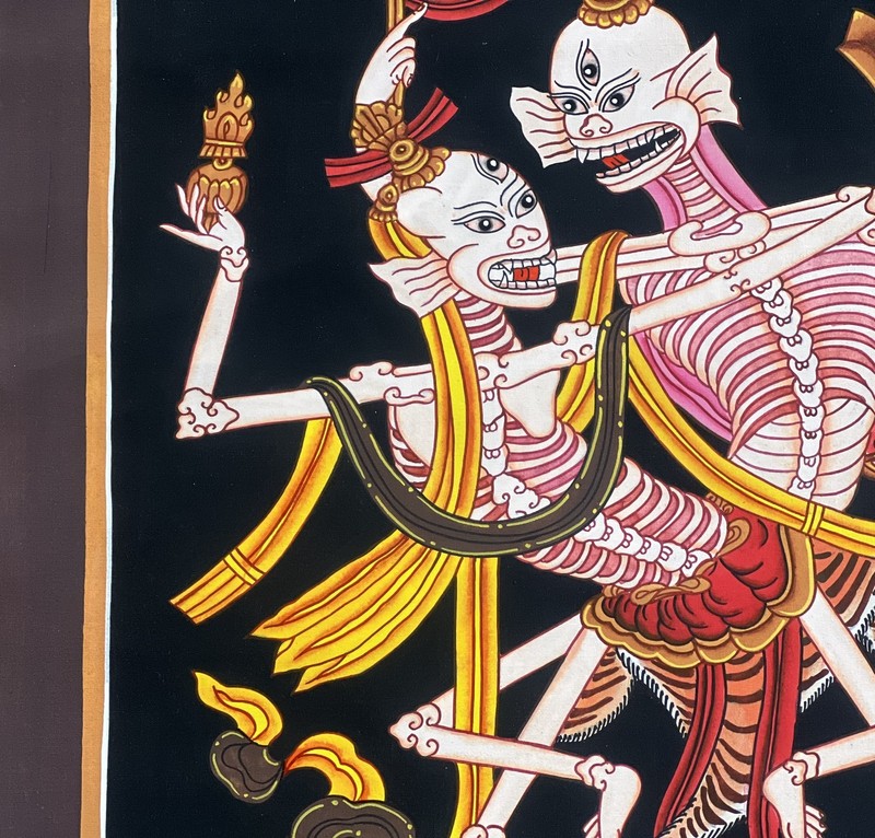 CITIPATI DANCING SKELETONS HAND-PAINTED TIBETAN THANGKA ART WITH SILK BROCADE gallery