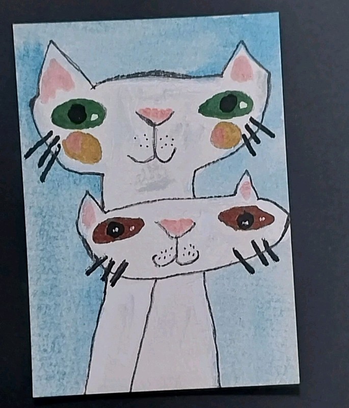 ACEO ORIGINAL «Two Cats» Artist GAT – ATC Art Card Painting Signed White Cat