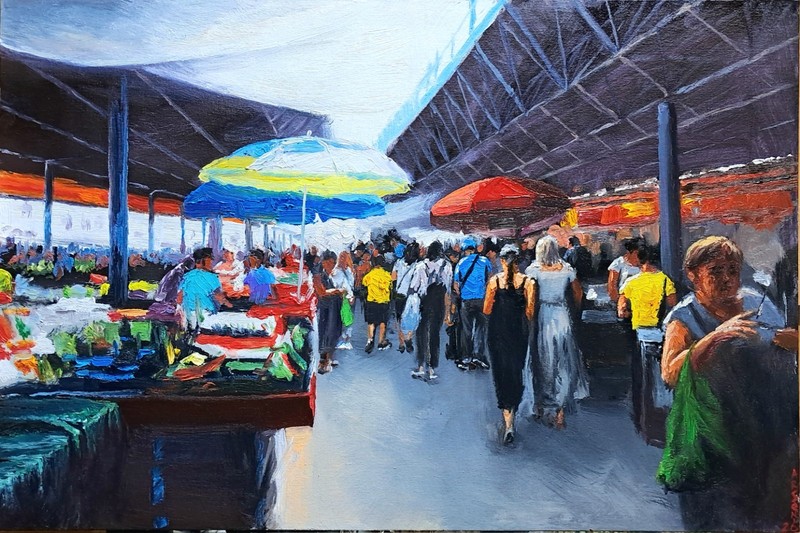 Chisinau Market – Original Oil Painting 60×40 cm | Moldova Urban Life by Arseni
