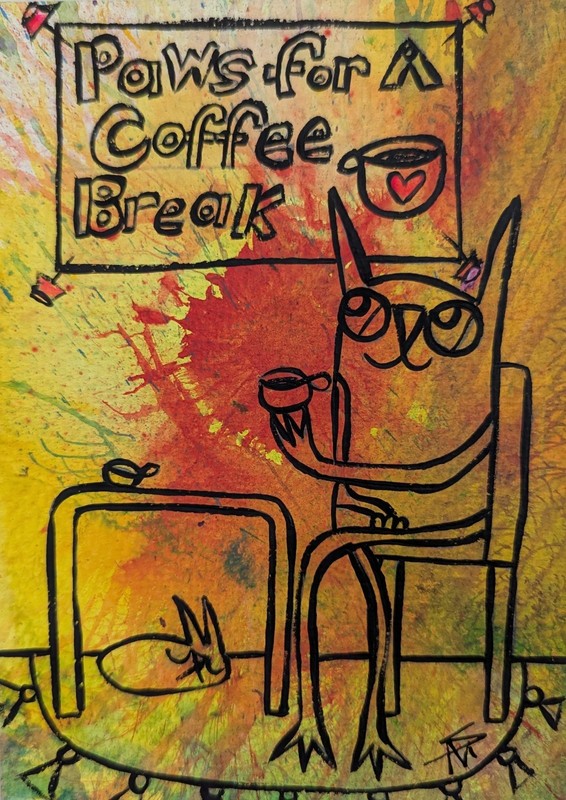 Cat Painting Original Abstract Coffee Cup Modern Folk Art 5 x 7 Samantha McLean