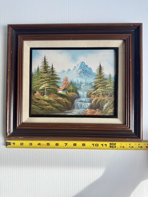 Vtg Kingman Framed Oil Painting Mountains Waterfall Cabin 13x15” Bob Ross Style gallery