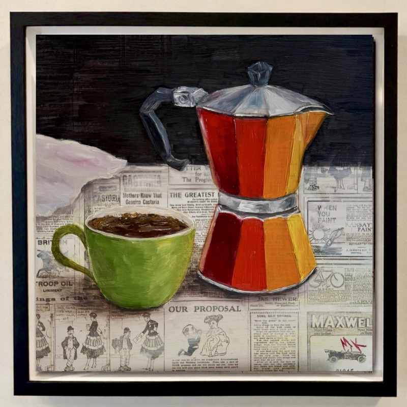Original Oil Painting Moka Pot & Coffee Cup Still Life Framed Kitchen Art Modern