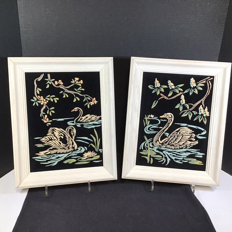 Vintage Swans Lake Paint By Numbers PBN Black Velvet Framed Painting 15”x 12”