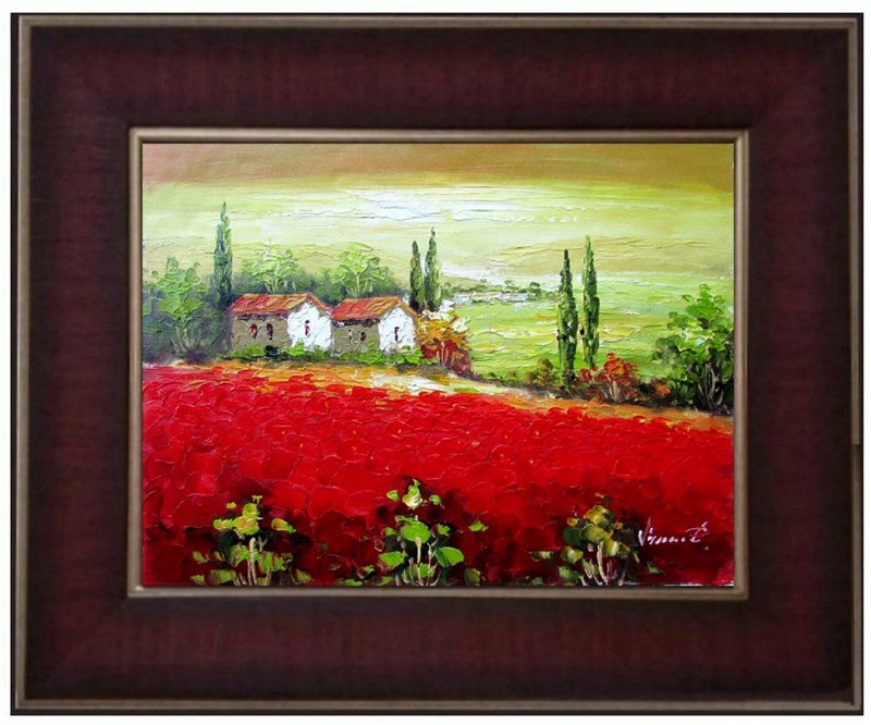 Framed Tuscany Field with Poppies 4, Quality Hand Painted Oil Painting, 12x16in
