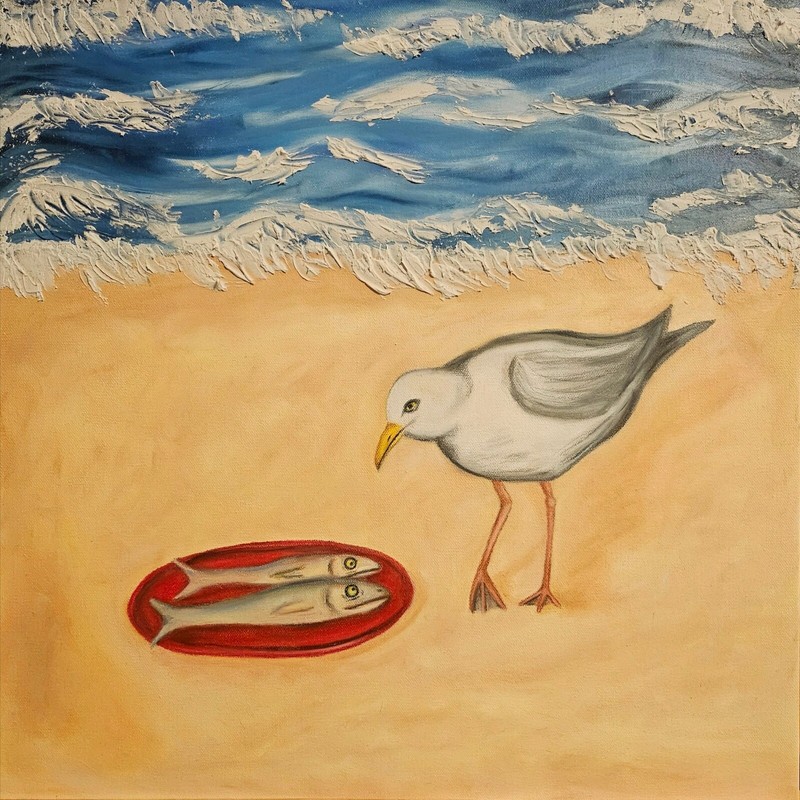 Seagull And Fish Painting Original Coastal Artwork On Canvas 20inx20in Beach