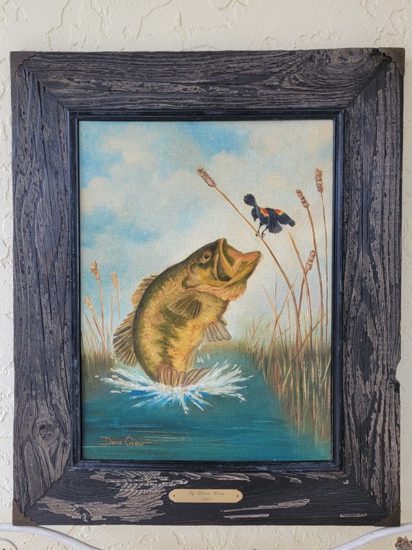 Doris Crew, Florida Artist, Jumping Bass, Oil On Canvas Board Painting