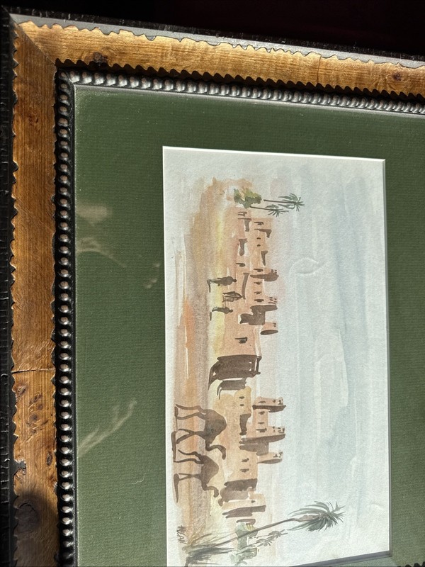Fine Artist Signed Watercolor Arabian Travelers Camel Palm Trees in Desert Frame gallery