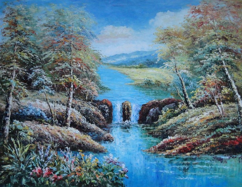 36×48 Small Waterfall in Blue Water Stream, Flowers, Trees Oil Painting