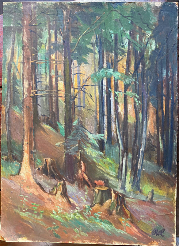::OIL PAINTING MONOGR.AH VIEW OF WOODLAND CLEARING AT SUNSET