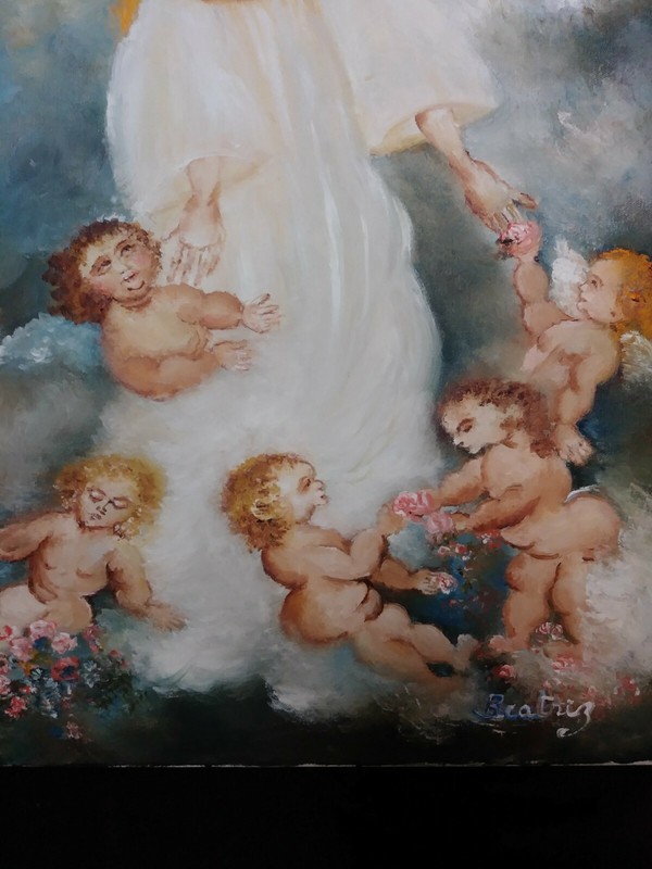 Painting Attributed to Dulce Beatriz (1931-2021) Signed Oil Madonna Cherubs gallery