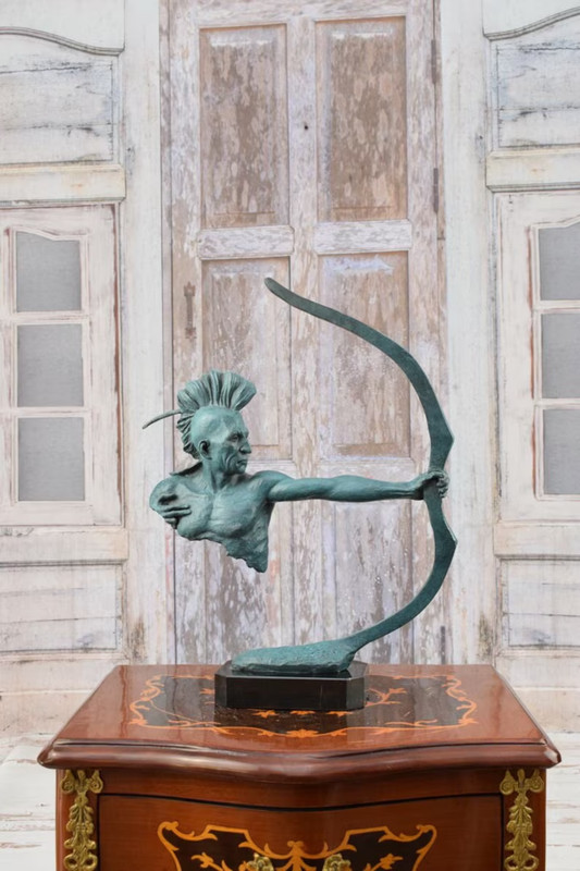 Green Patina Bronze Indian Sculpture: Modernist Marble Base Decor